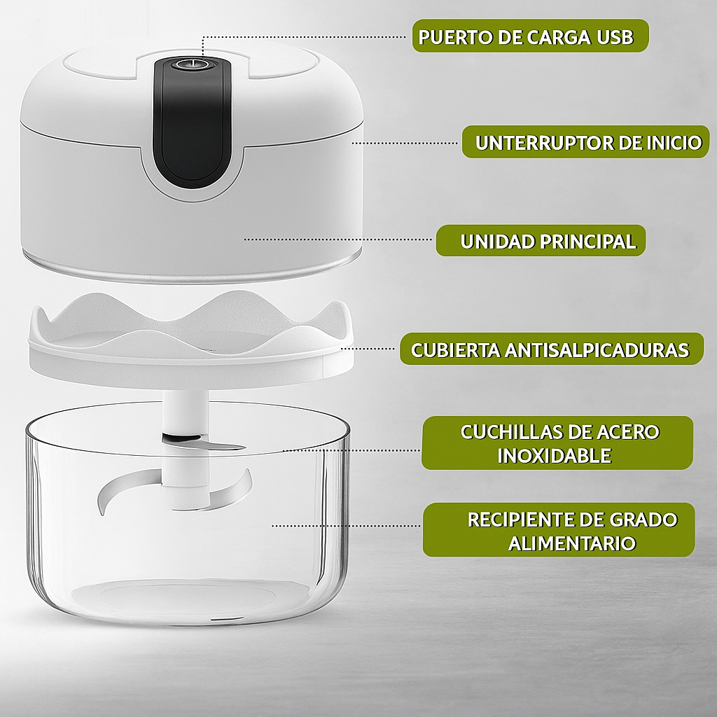 Mini Picadora Eléctrica de Ajo y Vegetales – USB Recargable, Multifuncional